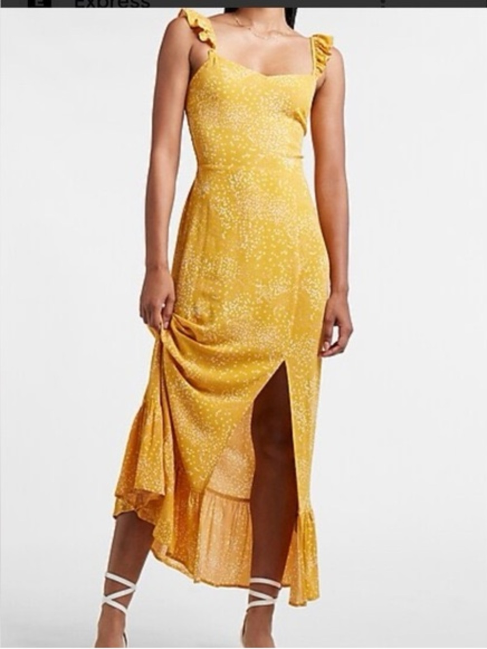 Express Yellow Ruffle Strap Split Maxi Dress